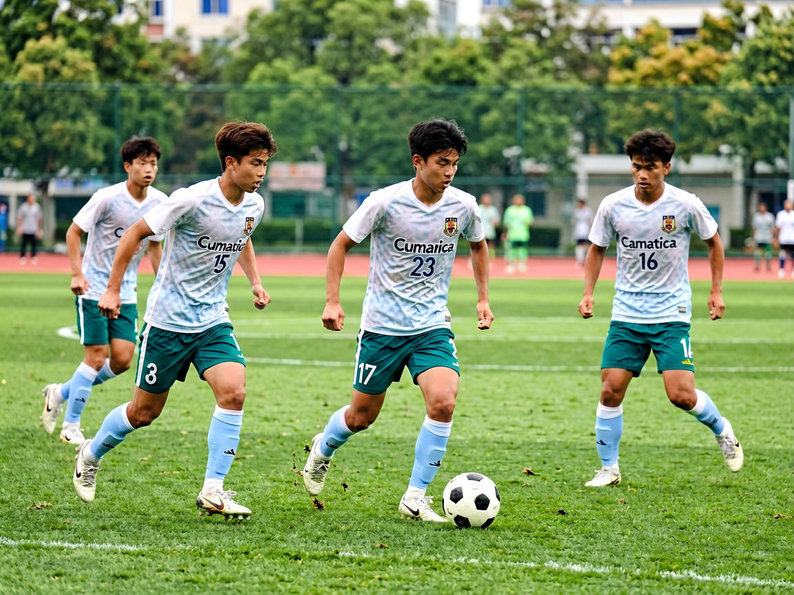 足球青训学院场景，年轻球员在训练场上刻苦训练